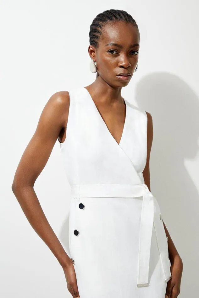 Dresses Women Karen Millen Premium Linen Tailored Button Detail Belted Midi Dress Ivory