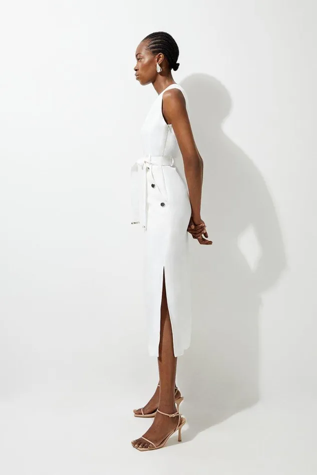 Dresses Women Karen Millen Premium Linen Tailored Button Detail Belted Midi Dress Ivory