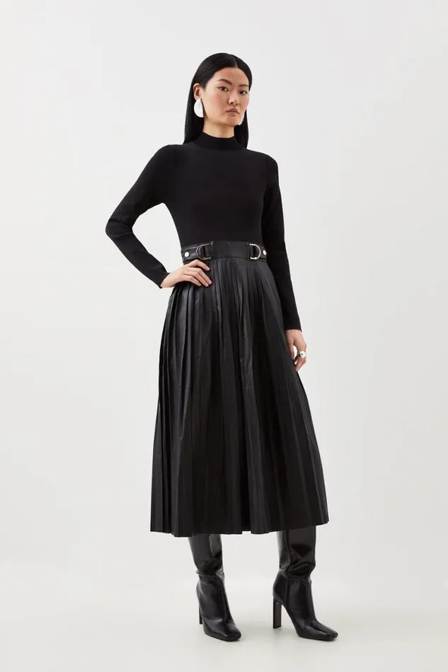 Dresses Women Karen Millen Pu Knit Pleated Skirt Midi Dress Black