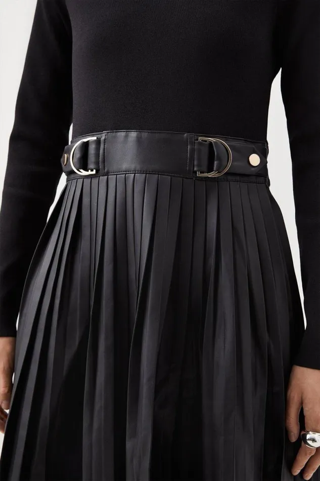 Dresses Women Karen Millen Pu Knit Pleated Skirt Midi Dress Black
