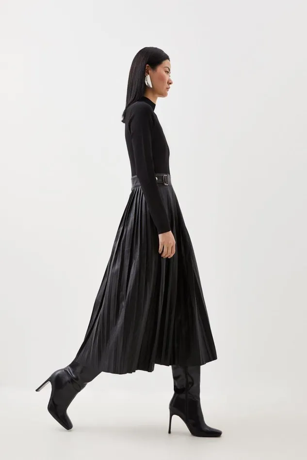 Dresses Women Karen Millen Pu Knit Pleated Skirt Midi Dress Black