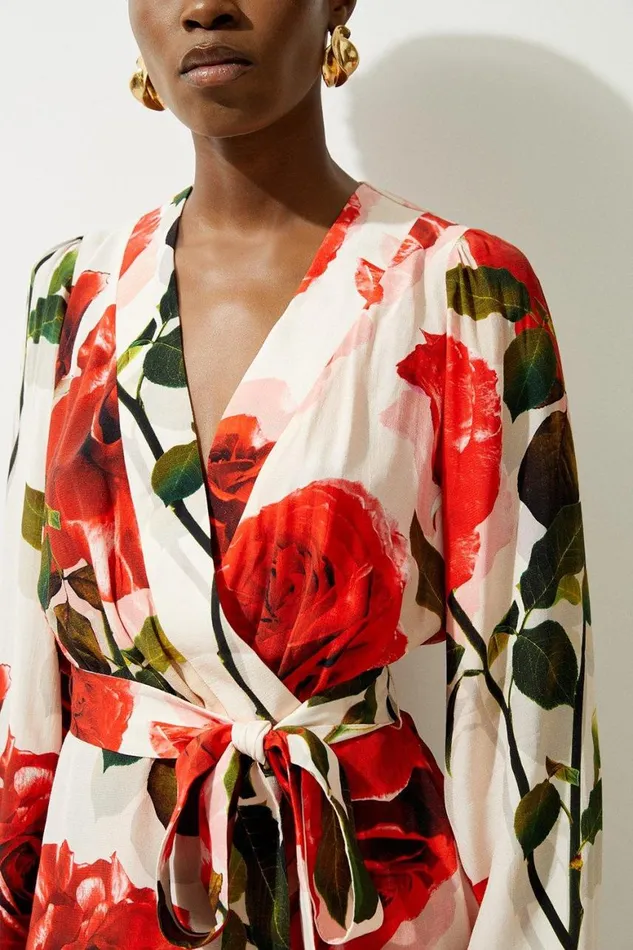 Dresses Women Karen Millen Rose Printed Morocain Woven Wrap Mini Dress Rose