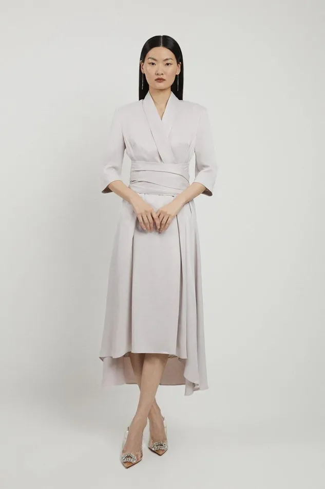 Dresses Women Karen Millen Satin Back Crepe Wrap Tie High Low Midaxi Dress Silver