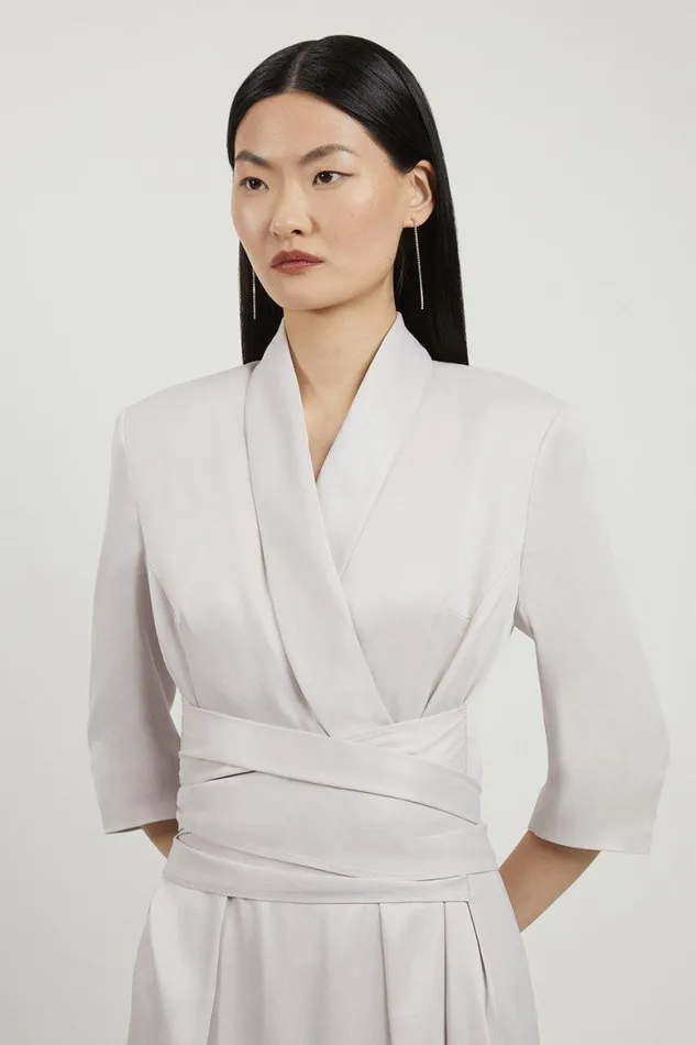 Dresses Women Karen Millen Satin Back Crepe Wrap Tie High Low Midaxi Dress Silver