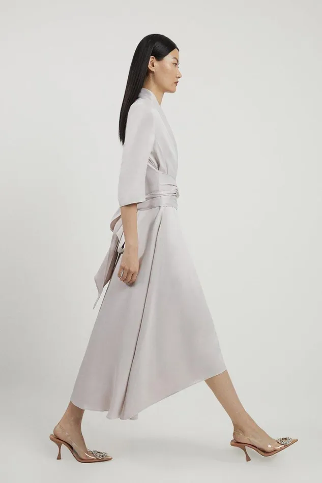 Dresses Women Karen Millen Satin Back Crepe Wrap Tie High Low Midaxi Dress Silver