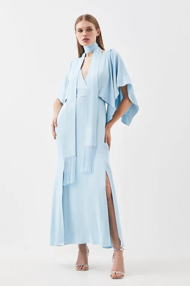 Dresses Women Karen Millen Satin Crepe Tie Neck Woven Maxi Dress Blue