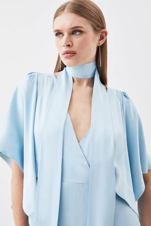 Dresses Women Karen Millen Satin Crepe Tie Neck Woven Maxi Dress Blue