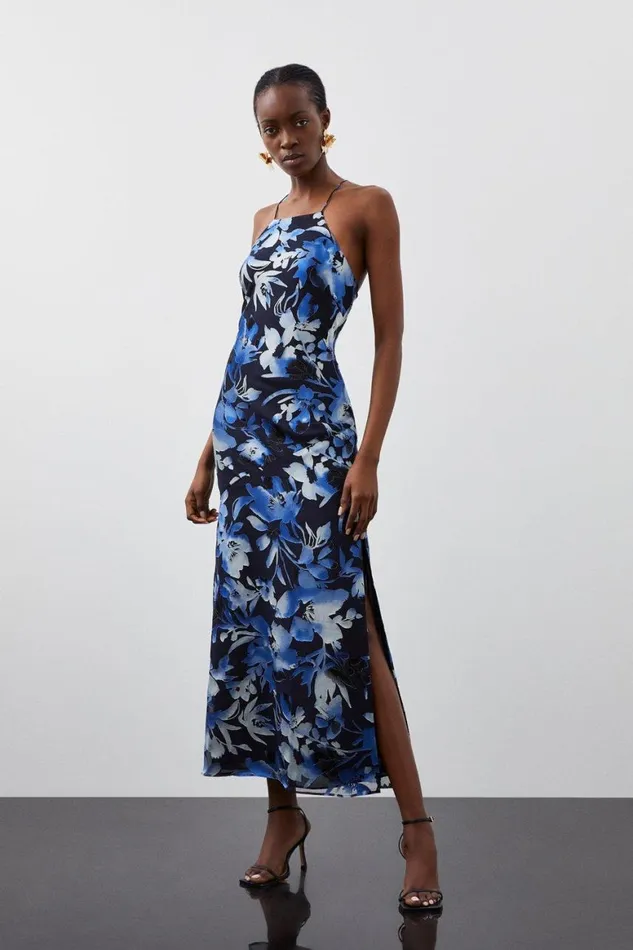 Dresses Women Karen Millen Satin Floral Devore Woven Strappy Maxi Dress Navy