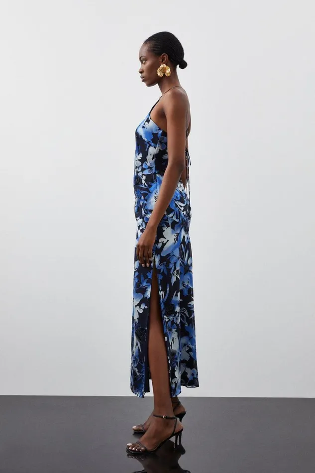 Dresses Women Karen Millen Satin Floral Devore Woven Strappy Maxi Dress Navy