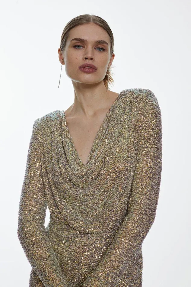 Dresses Women Karen Millen Sequin Cowl Neck Long Sleeve Mini Dress Copper