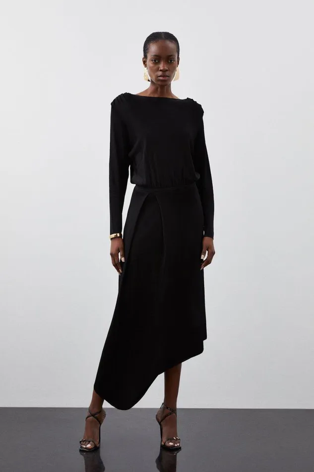 Dresses Women Karen Millen Slinky Viscose Knit Round Sleeve Midaxi Dress Black
