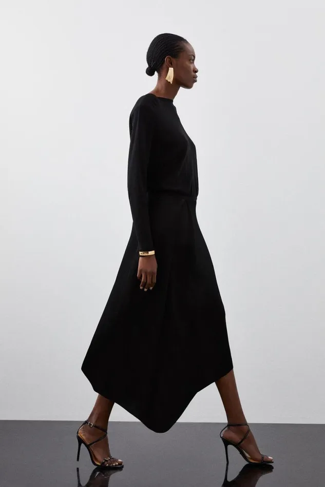 Dresses Women Karen Millen Slinky Viscose Knit Round Sleeve Midaxi Dress Black