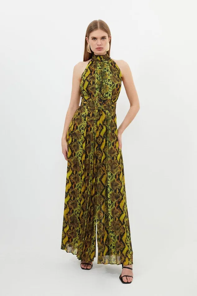 Dresses Women Karen Millen Snake Print Georgette Woven Halter Pleated Jumpsuit Snake