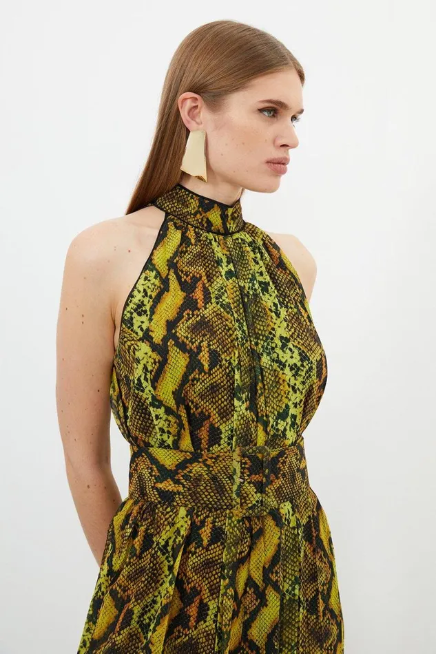 Dresses Women Karen Millen Snake Print Georgette Woven Halter Pleated Jumpsuit Snake