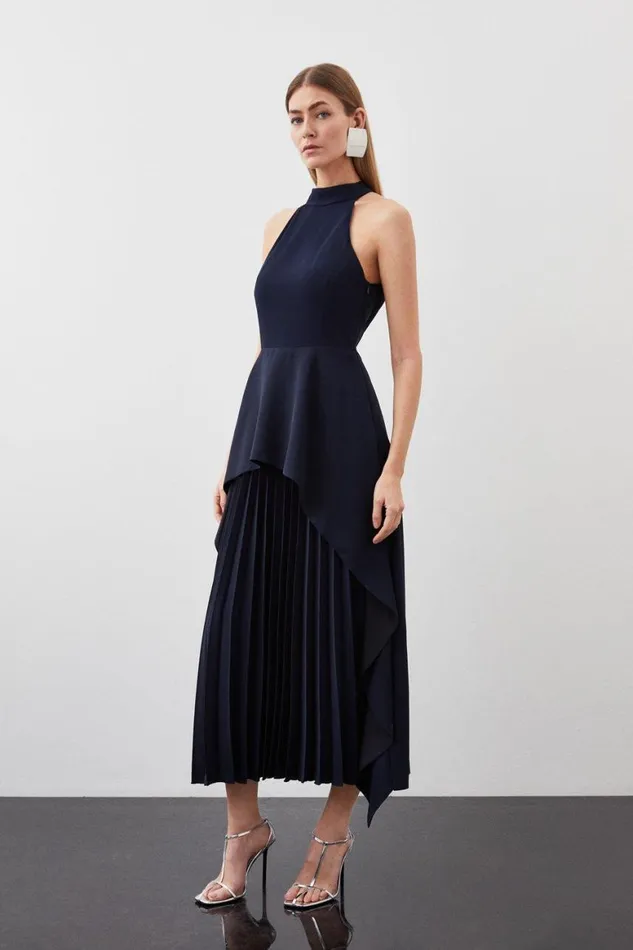Dresses Women Karen Millen Soft Tailored Waterfall Hem High Neck Midi Dress Navy
