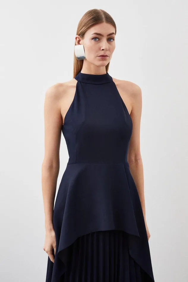 Dresses Women Karen Millen Soft Tailored Waterfall Hem High Neck Midi Dress Navy
