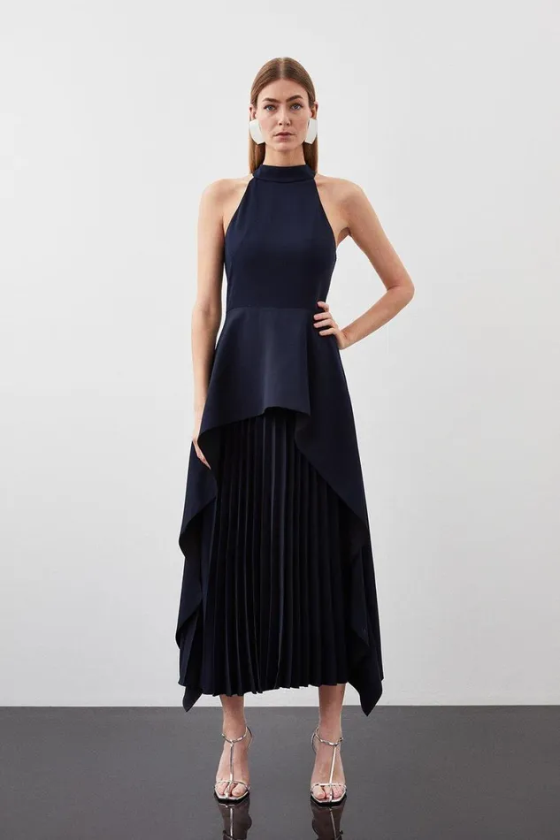 Dresses Women Karen Millen Soft Tailored Waterfall Hem High Neck Midi Dress Navy