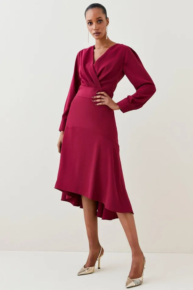 Dresses Women Karen Millen Soft Tailored Wrap Sleeved High Low Midi Dress Merlot