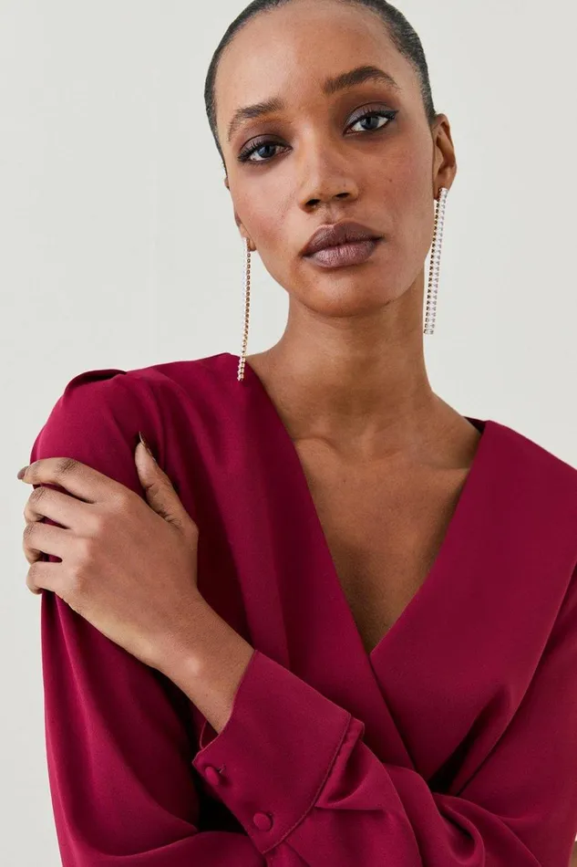 Dresses Women Karen Millen Soft Tailored Wrap Sleeved High Low Midi Dress Merlot