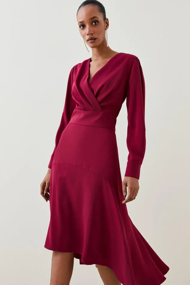 Dresses Women Karen Millen Soft Tailored Wrap Sleeved High Low Midi Dress Merlot