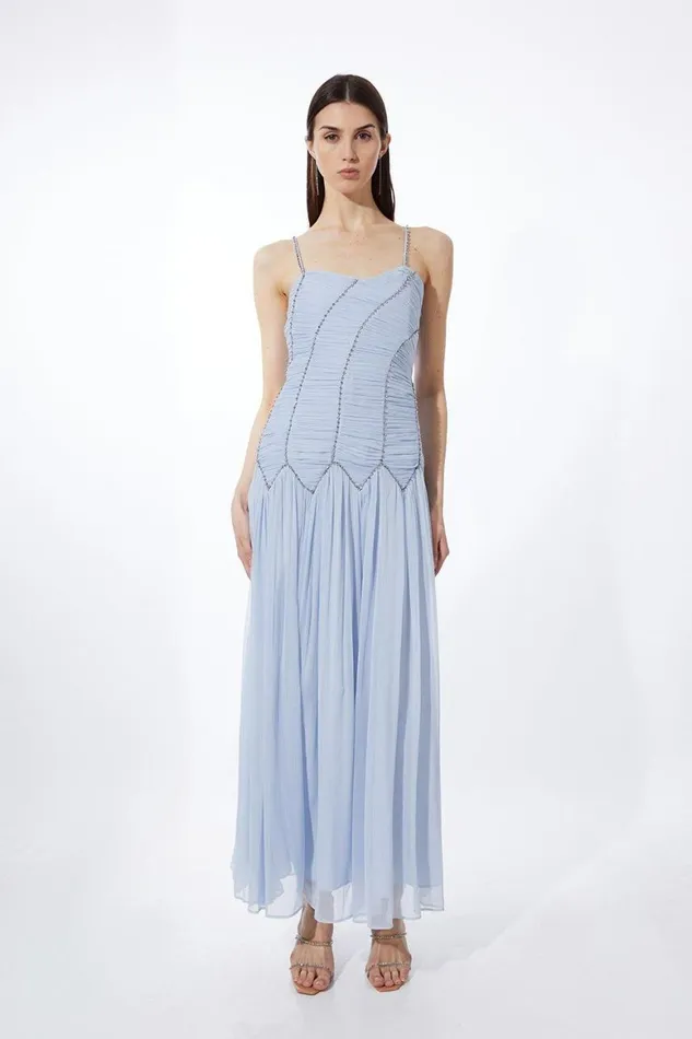Dresses Women Karen Millen Strappy Embellished Ruched Georgette Woven Maxi Dress Blue