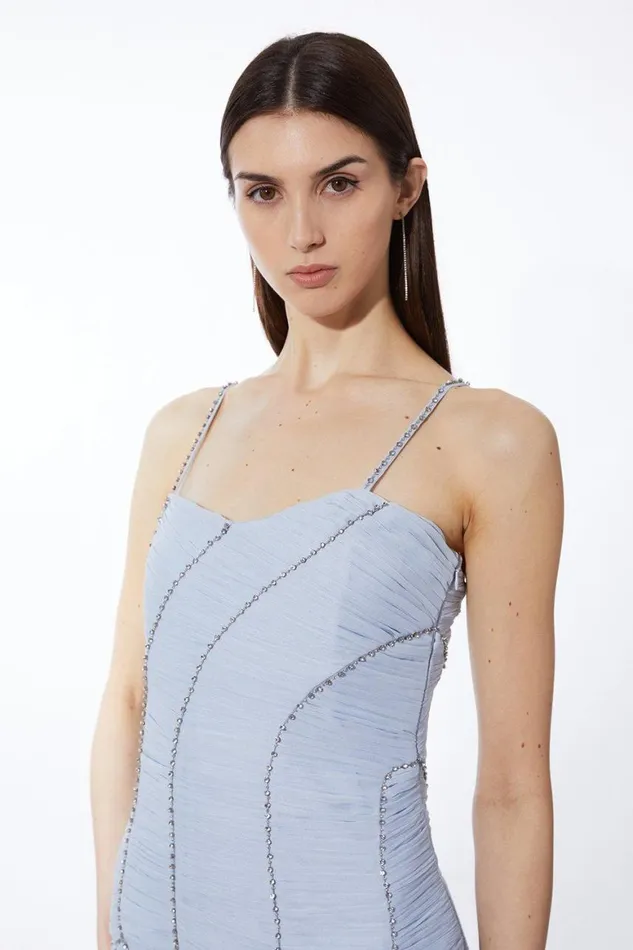 Dresses Women Karen Millen Strappy Embellished Ruched Georgette Woven Maxi Dress Blue