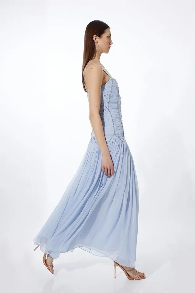 Dresses Women Karen Millen Strappy Embellished Ruched Georgette Woven Maxi Dress Blue