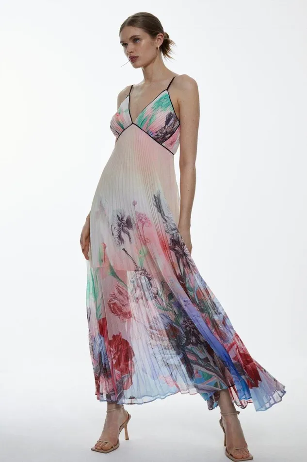 Dresses Women Karen Millen Strappy Pleated Floral Printed Woven Maxi Dress Floral