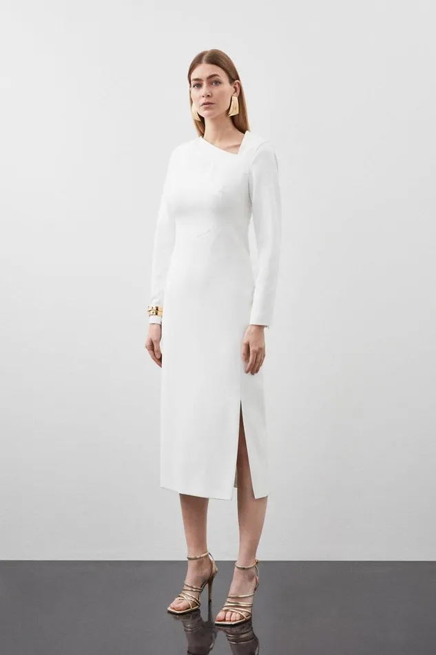 Dresses Women Karen Millen Stretch Crepe Tailored Asymmetric Neckline Maxi Dress Ivory