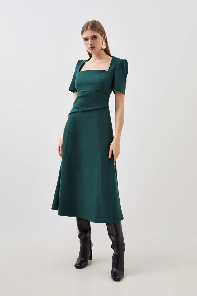 Dresses Women Karen Millen Structured Crepe Asymmetric Detail Full Skirt Tailored Dress Forest