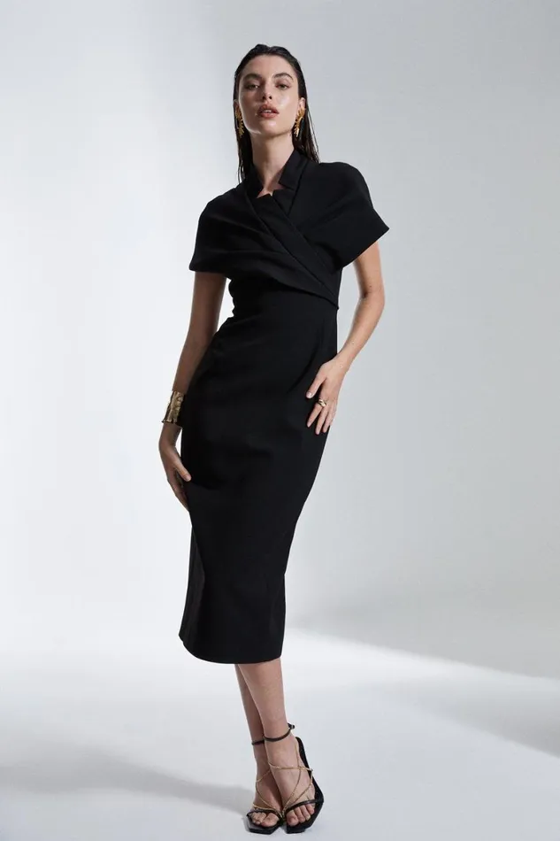 Dresses Women Karen Millen Structured Crepe Cape Detail Midi Dress Black