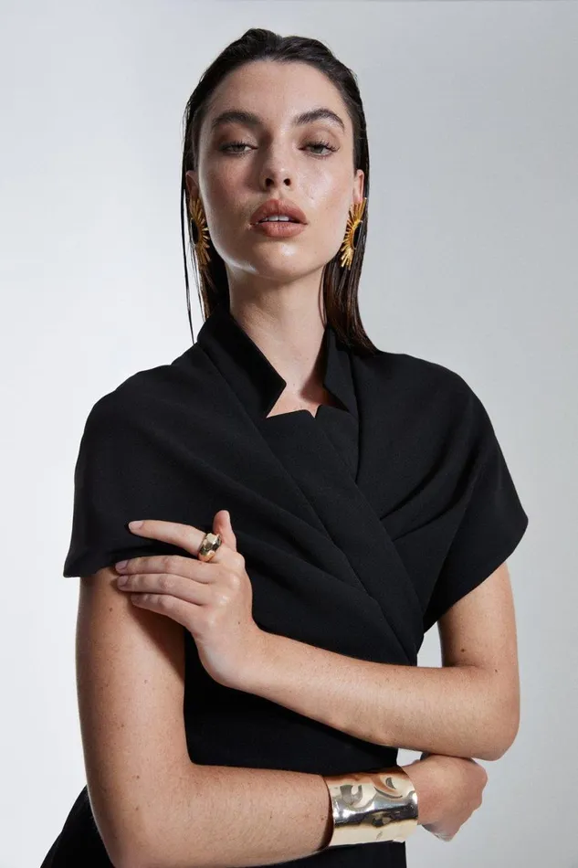 Dresses Women Karen Millen Structured Crepe Cape Detail Midi Dress Black