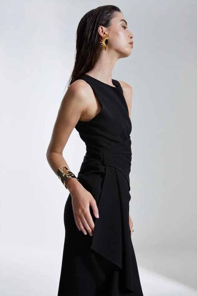 Dresses Women Karen Millen Structured Crepe Drape Side Midaxi Dress Black