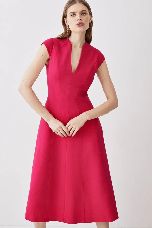 Dresses Women Karen Millen Structured Crepe Seam Detail High Neck Full Skirt Midi Dress Fuchsia