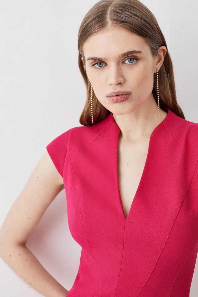 Dresses Women Karen Millen Structured Crepe Seam Detail High Neck Full Skirt Midi Dress Fuchsia