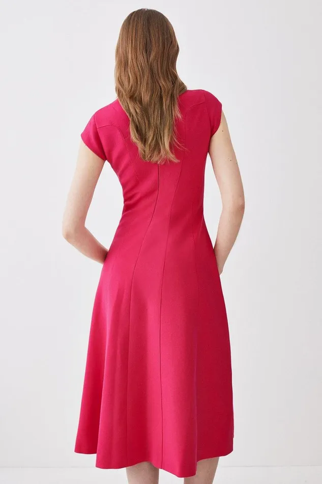 Dresses Women Karen Millen Structured Crepe Seam Detail High Neck Full Skirt Midi Dress Fuchsia