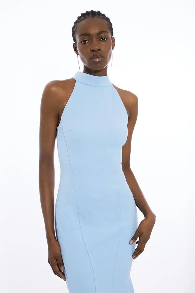 Dresses Women Karen Millen Structured Crepe Waterfall Hem High Neck Dress Pale Blue