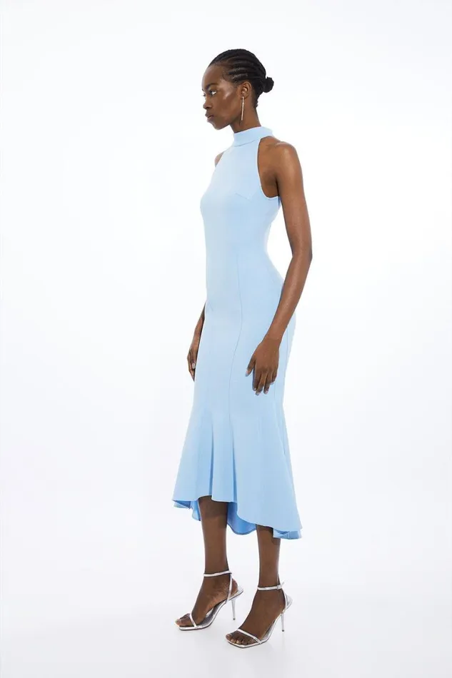 Dresses Women Karen Millen Structured Crepe Waterfall Hem High Neck Dress Pale Blue