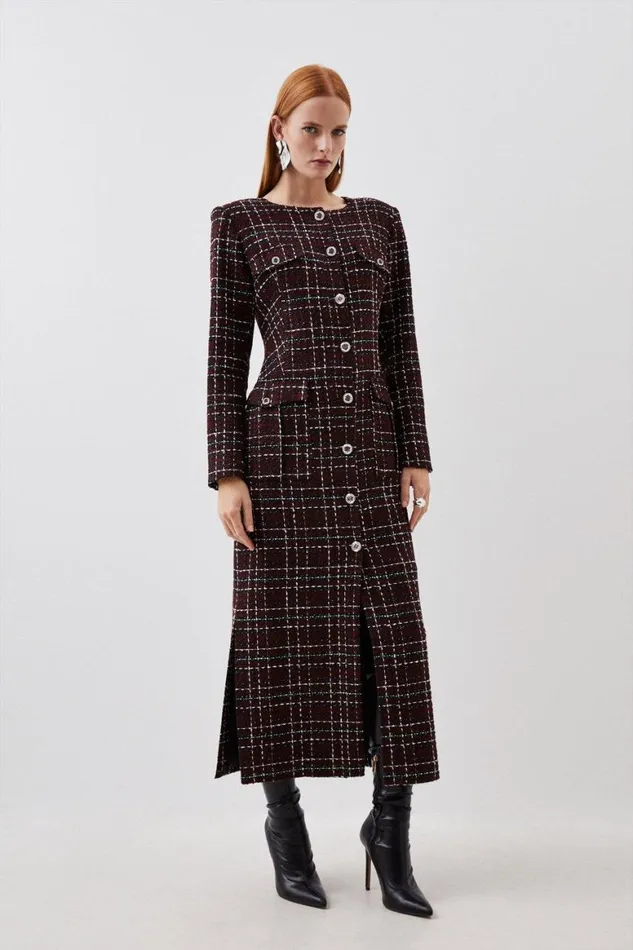 Dresses Women Karen Millen Tailored Check Boucle Pocket Detail Long Sleeve Midi Dress Merlot