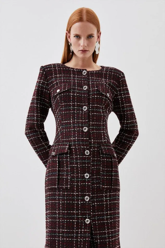 Dresses Women Karen Millen Tailored Check Boucle Pocket Detail Long Sleeve Midi Dress Merlot
