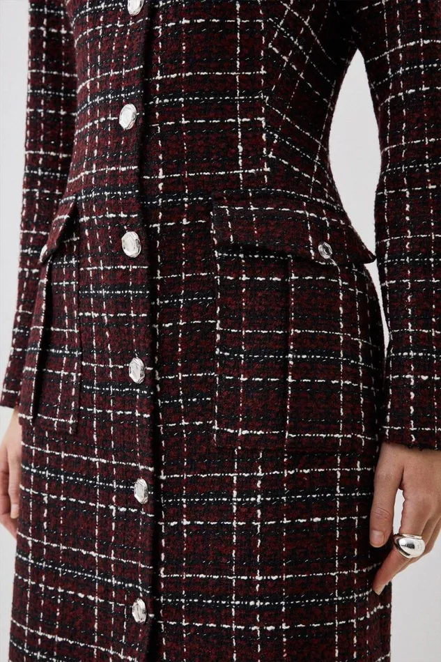 Dresses Women Karen Millen Tailored Check Boucle Pocket Detail Long Sleeve Midi Dress Merlot