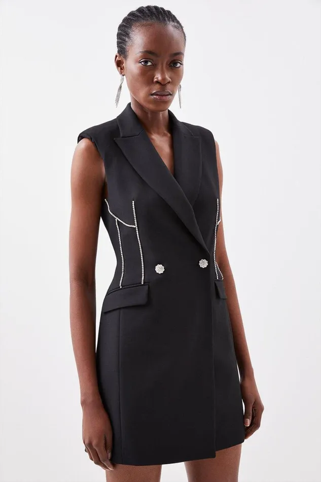 Dresses Women Karen Millen Tailored Compact Stretch Diamante Trim Mini Blazer Dress Black