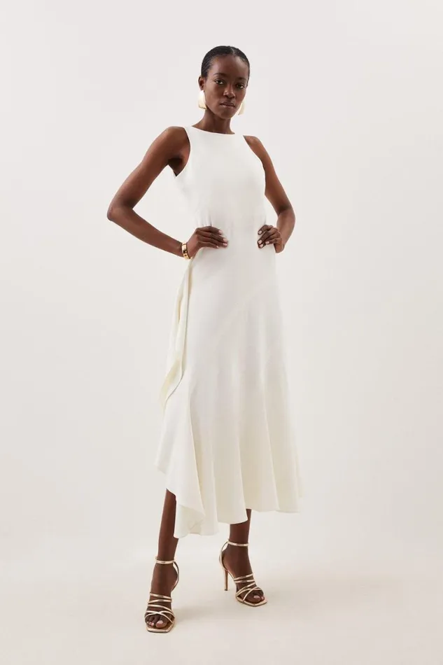 Dresses Women Karen Millen Tailored Compact Stretch Panelled Frill Skirt Maxi Dress Ivory