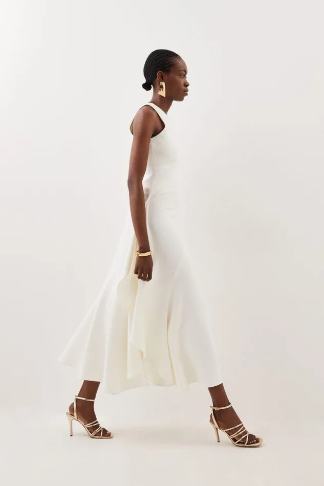 Dresses Women Karen Millen Tailored Compact Stretch Panelled Frill Skirt Maxi Dress Ivory
