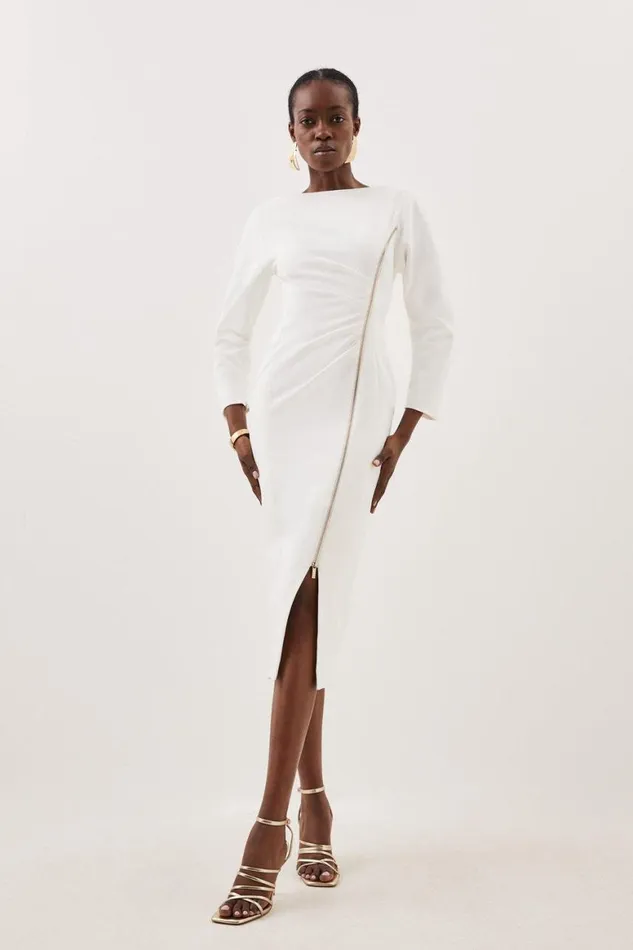 Dresses Women Karen Millen Tailored Compact Stretch Round Sleeve Ruched Midi Dress