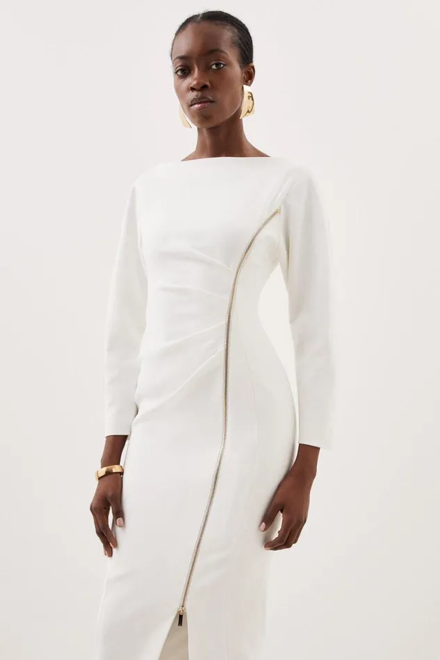 Dresses Women Karen Millen Tailored Compact Stretch Round Sleeve Ruched Midi Dress