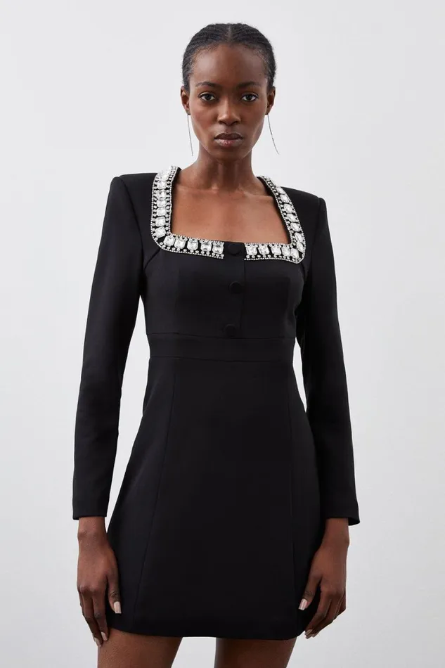 Dresses Women Karen Millen Tailored Compact Viscose Stretch Embellished Sleeve Mini Dress Black