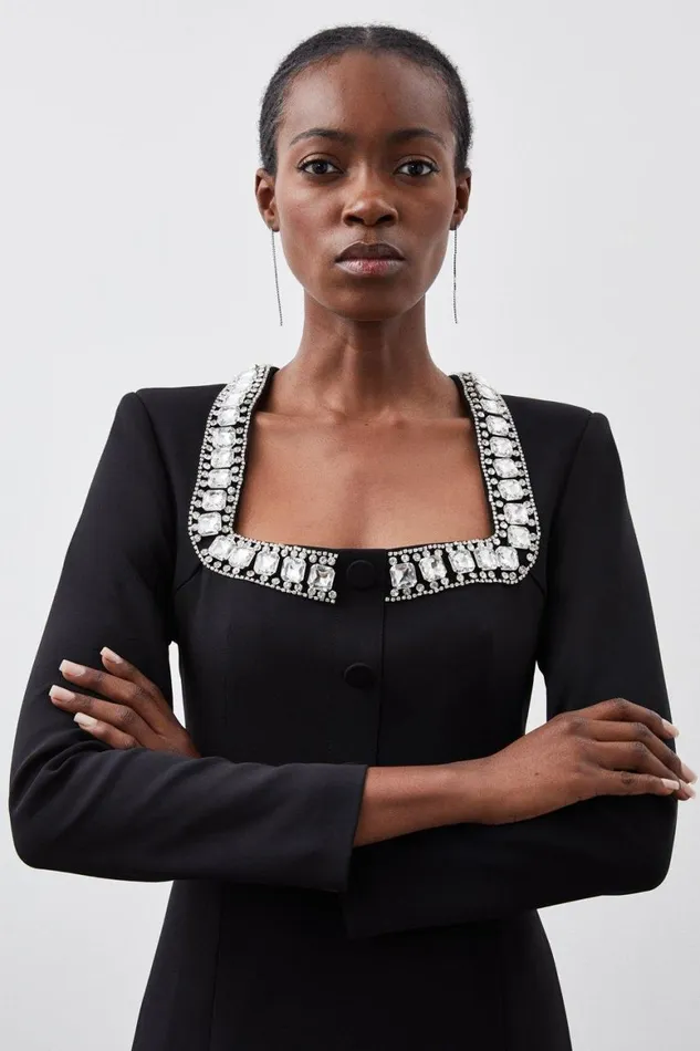 Dresses Women Karen Millen Tailored Compact Viscose Stretch Embellished Sleeve Mini Dress Black