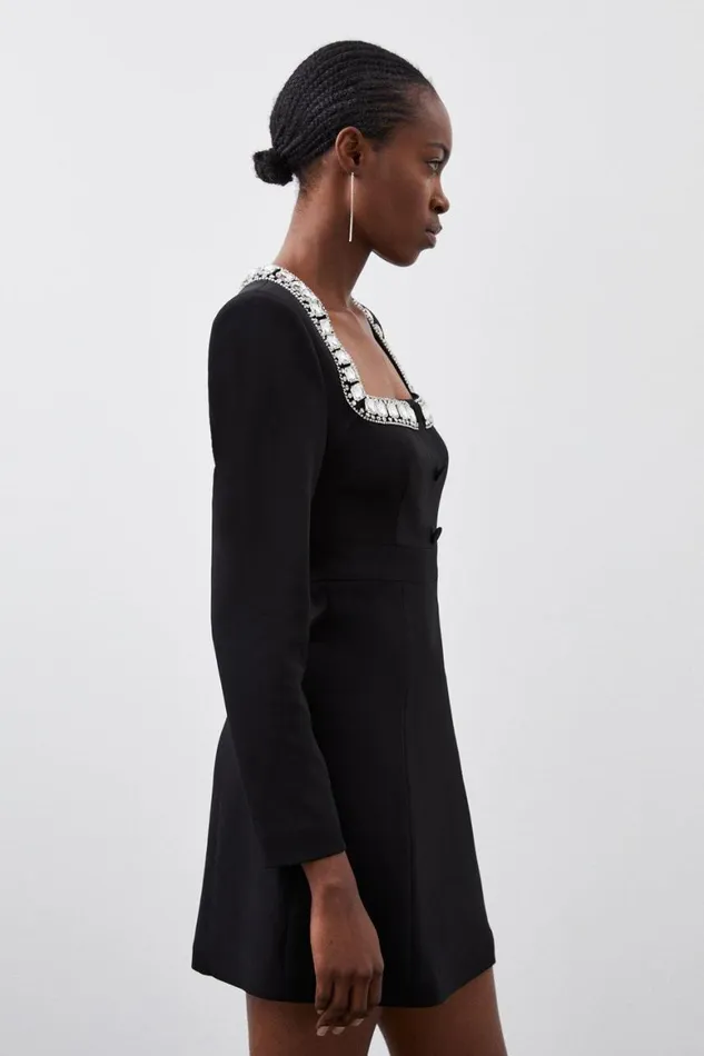 Dresses Women Karen Millen Tailored Compact Viscose Stretch Embellished Sleeve Mini Dress Black