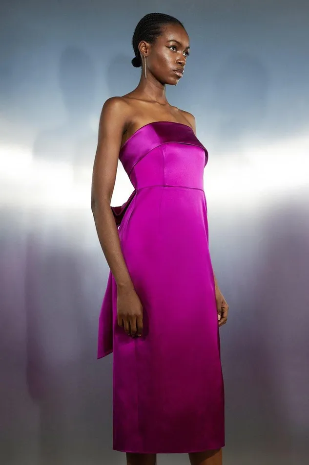Dresses Women Karen Millen Tailored Italian Satin Bandeau Structured Bow Detail Midi Dress Magenta